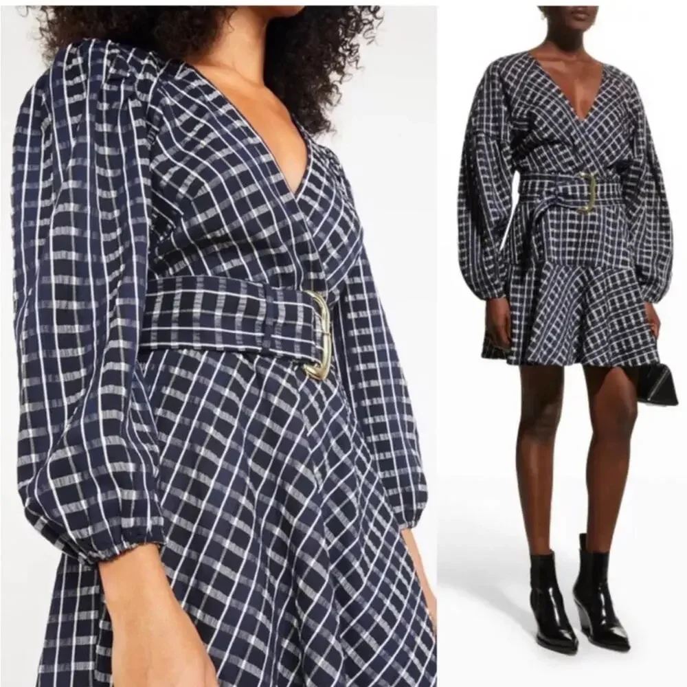 NWT Tanya Taylor Nicola Puff-Sleeve Belted Check Mini Dress - Picture 2 of 10